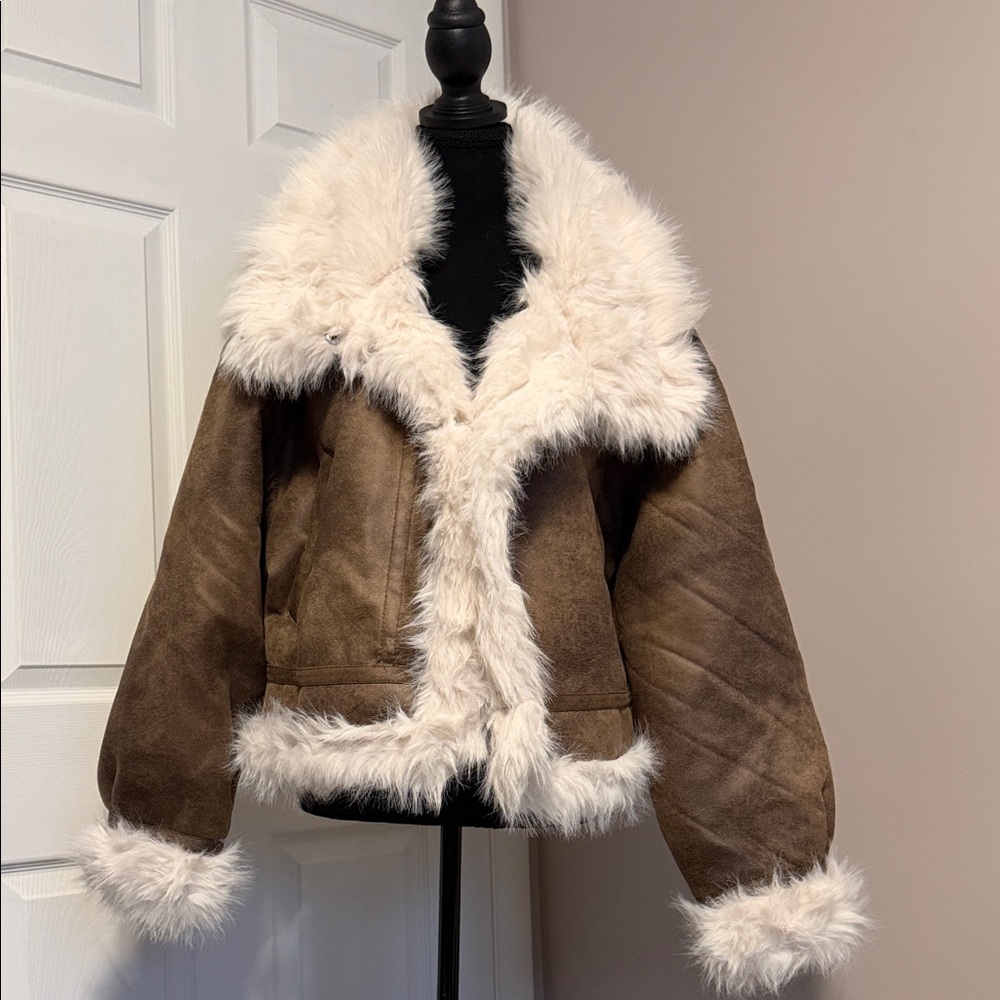 Women's Brown and White Faux Fur Jacket - Picture 3 of 6